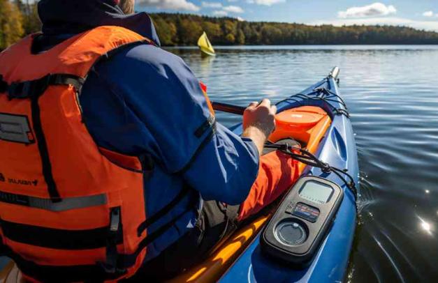 A vhf radio beside on an angler on a kayak, hunting fishes