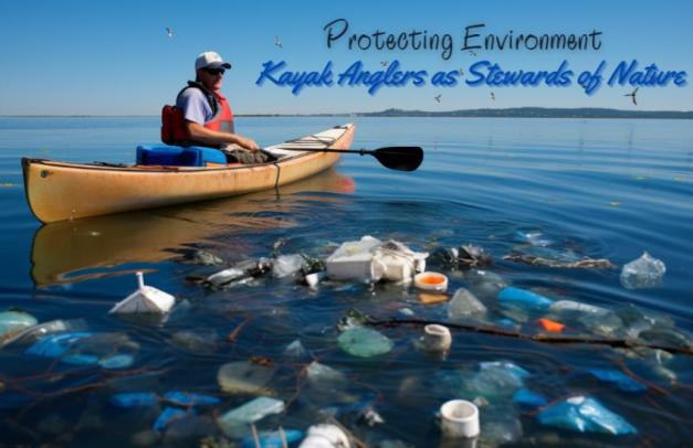 A kayak angler and polythene wastage in water.