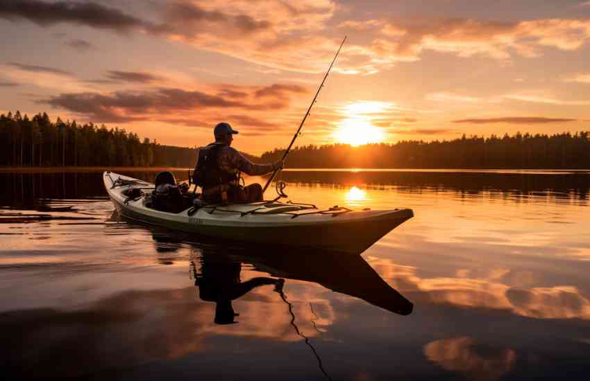 Kayak angler casting a line on a calm lake at dawn, surrounded by essential fishing gear including rods, reels, tackle boxes, and safety equipment, capturing the essence of a well-prepared kayak fishing adventure