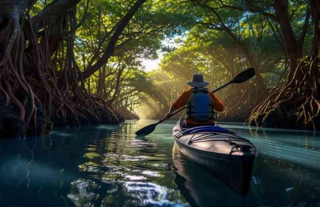 An angler driving kayak through a mangrove forest