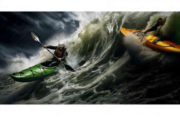 Kayak anglers tackling strong waves